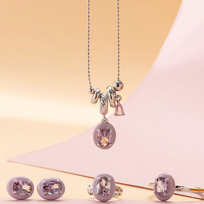 Pink crystal pendant necklace and matching stud earrings five piece set