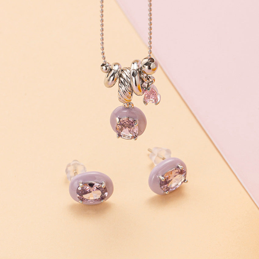 Pink crystal pendant necklace and matching stud earrings five piece set