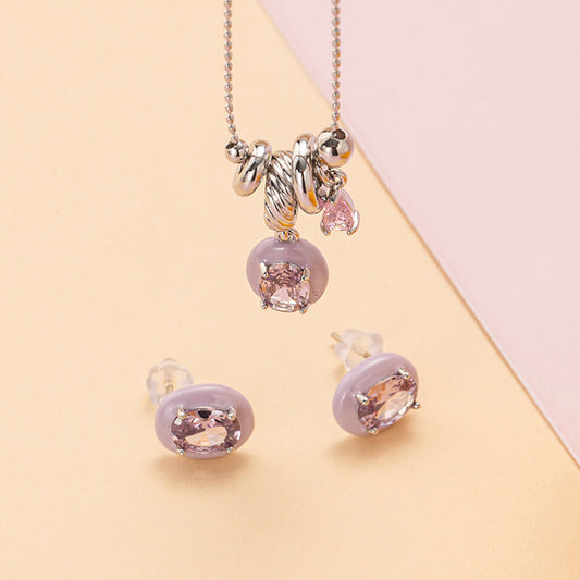 Pink crystal pendant necklace and matching stud earrings five piece set
