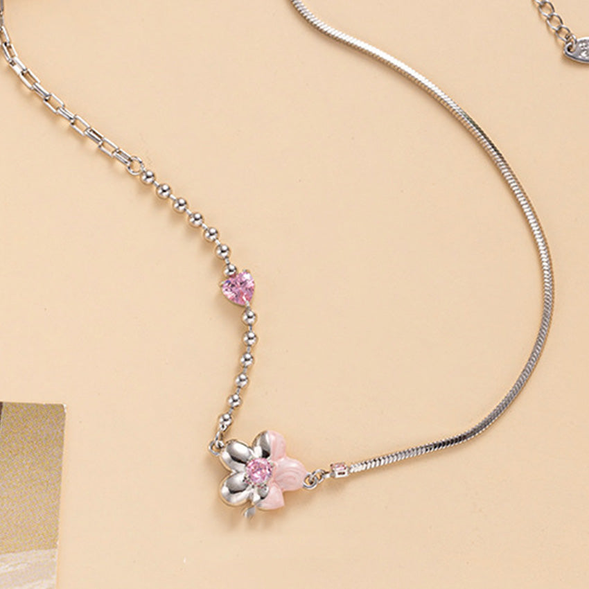 Pink enamel cubic zirconia flower necklace five piece set