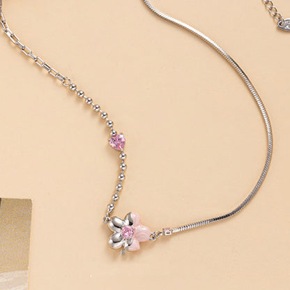 Pink enamel cubic zirconia flower necklace five piece set