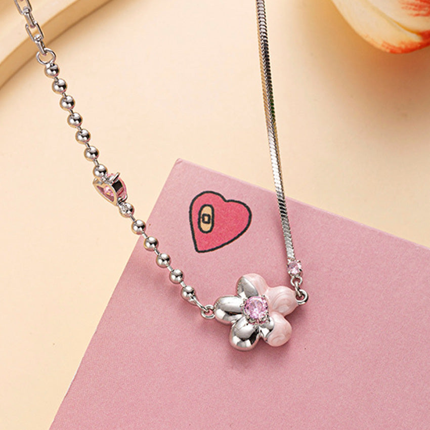 Pink enamel cubic zirconia flower necklace five piece set