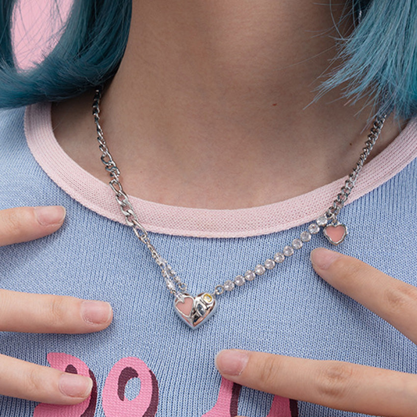 Pink enamel heart necklace and matching earrings five piece set