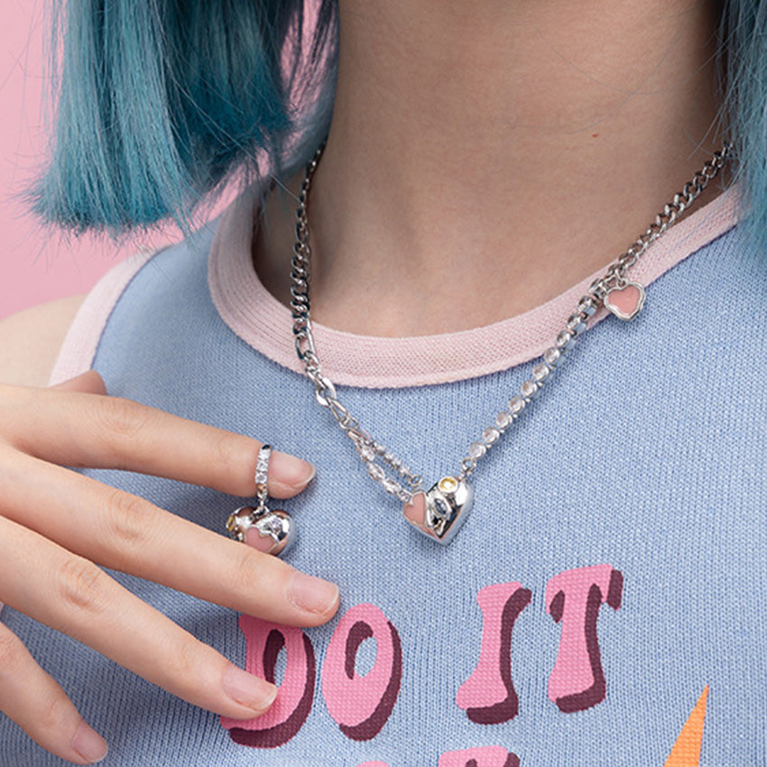 Pink enamel heart necklace and matching earrings five piece set