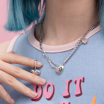 Pink enamel heart necklace and matching earrings five piece set