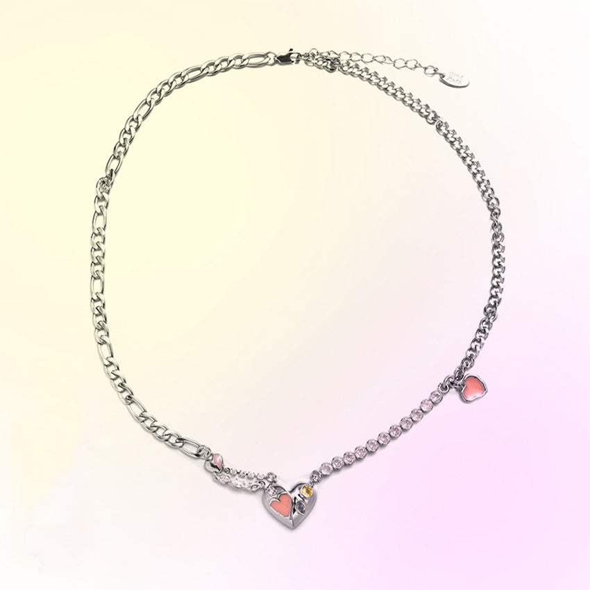 Pink enamel heart necklace and matching earrings five piece set