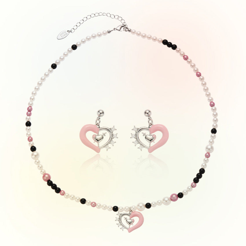 Pink heart imitation pearl beaded necklace and matching earrings set