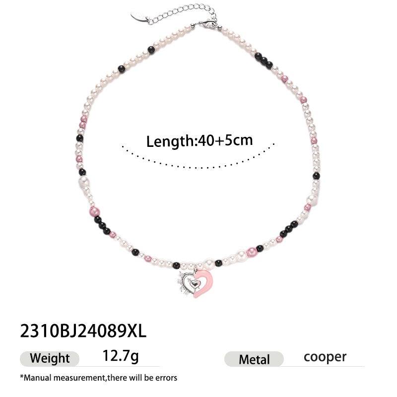 Pink heart pearl beaded necklace with 40 cm length and 5 cm extension