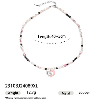 Pink heart pearl beaded necklace with 40 cm length and 5 cm extension