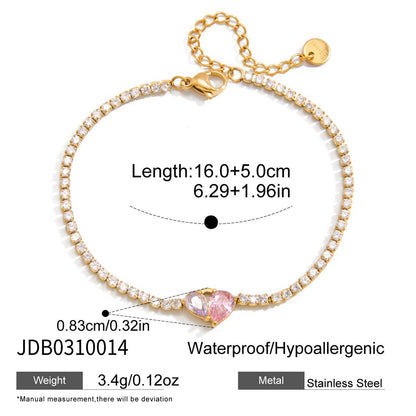 Gold stainless steel tennis bracelet with pink heart zircon size details