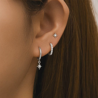 925 Sterling Silver CZ North Star and Flower Earrings 5 Set Pack 3 Styles per Set