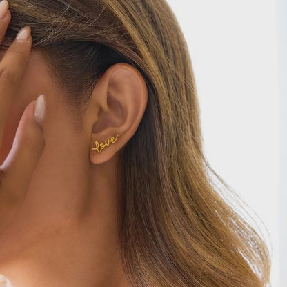 Gold stainless steel love letter stud earrings design and detail showcase