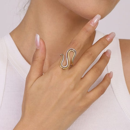 Gold silver and two tone double layer S shape adjustable open stainless steel rings for wholesal