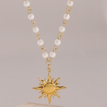 Set of 5 Dainty Gold Sun Pendant Pearl Necklaces Stainless Steel Waterproof Choker for Women