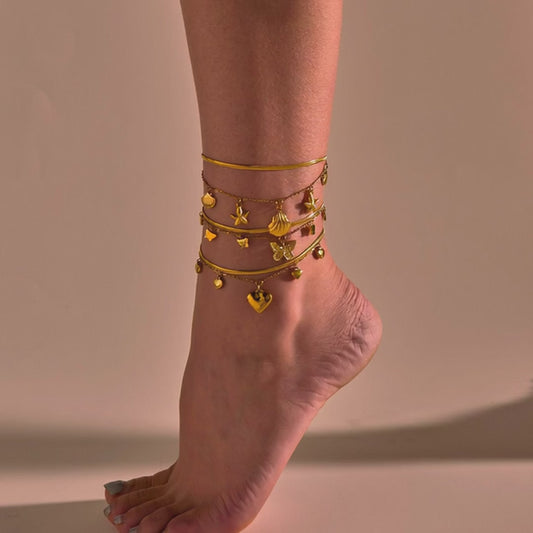 Wholesale 5 Piece Stainless Steel Starfish Shell Anklet Set Summer Beach