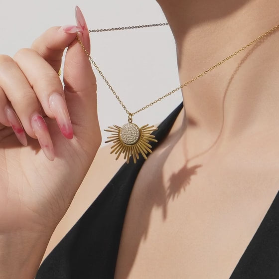 layered stainless steel sunburst zircon pendant necklaces worn on model