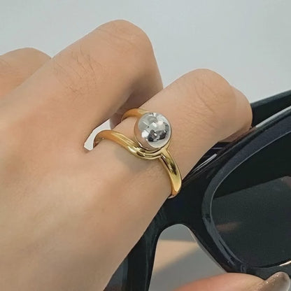 Wholesale stainless steel rings with 18K gold plated steel ball design, adjustable open ring for women jewelry bulk.