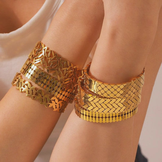 Wide Geometric Gold Bracelet for Women five piece set
