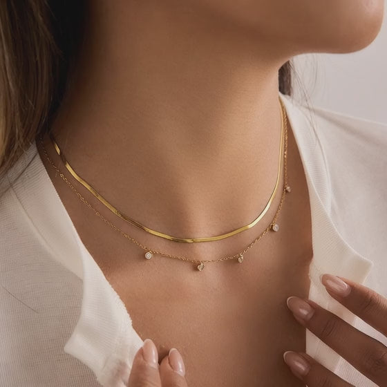 18K gold stainless steel double layer zircon snake chain necklace movement showcase