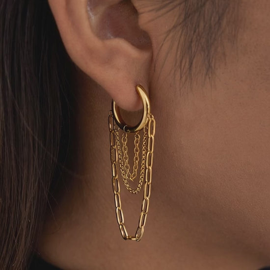 Gold tone hoop earrings with layered chain tassels displayed 
