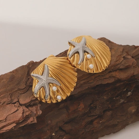  Collection of gold and silver ocean shell earrings with starfish and coral details by JR Fashion Accessories.