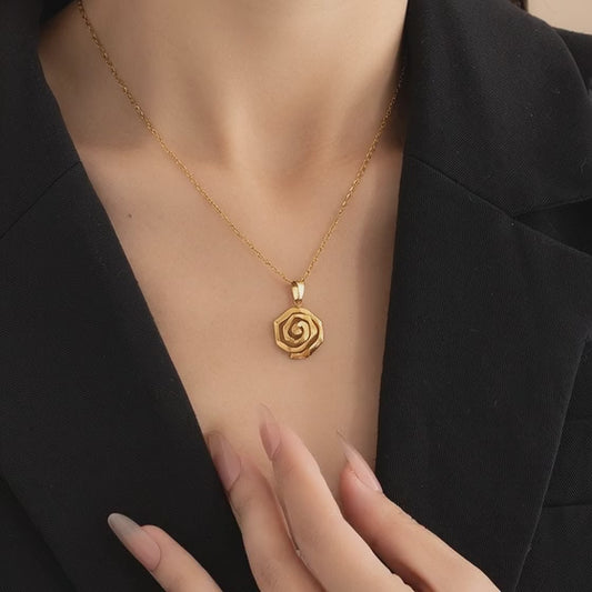 stainless steel gold plated rose flower pendant necklace video showing pendant details chain length and polished finish