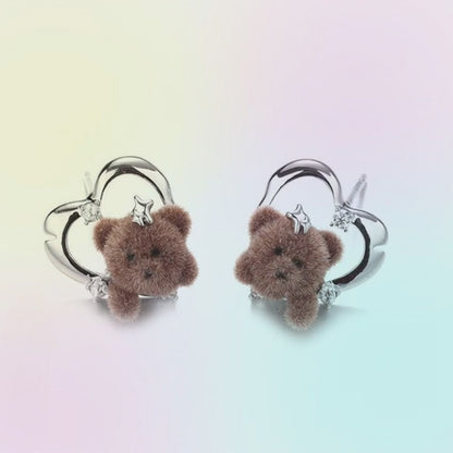 Wholesale 5 Pairs Brass Flocked Teddy Bear Heart Earrings Zircon Jewelry
