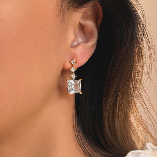 close up sparkle of 18k gold plated stainless steel cz tassel square stud earrings korean style wholesale