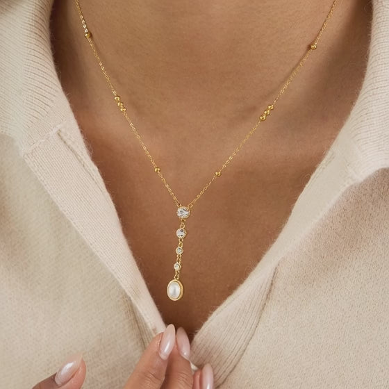 18K gold stainless steel zircon pearl Y necklace design and movement showcase