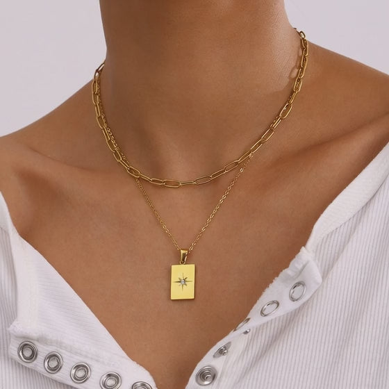 18K gold stainless steel star rectangle pendant necklace design and movement showcase