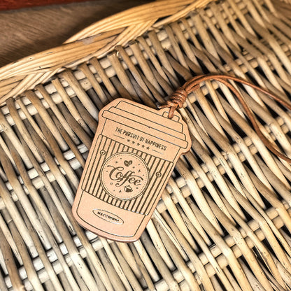 PU leather coffee cup bag charm wholesale keychain accessories displayed on wicker basket for Chinese style gift and Christmas gift for friends