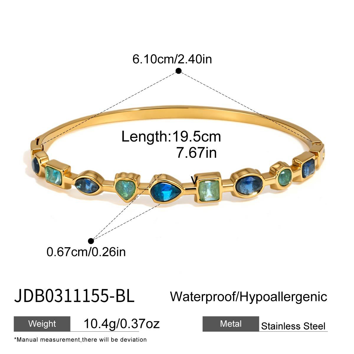 Blue and green gemstone stainless steel bangle with size and weight details