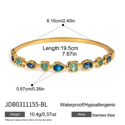 Blue and green gemstone stainless steel bangle with size and weight details