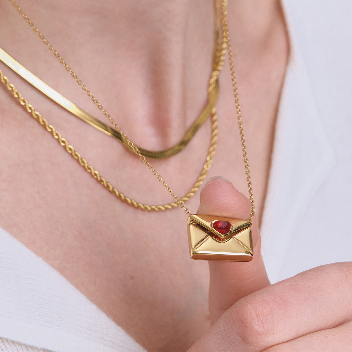 Stainless Steel Red Heart Envelope Necklace five piece set