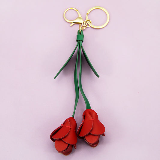vibrant red tulip PU leather keychain purse charm flower accessory bulk pack