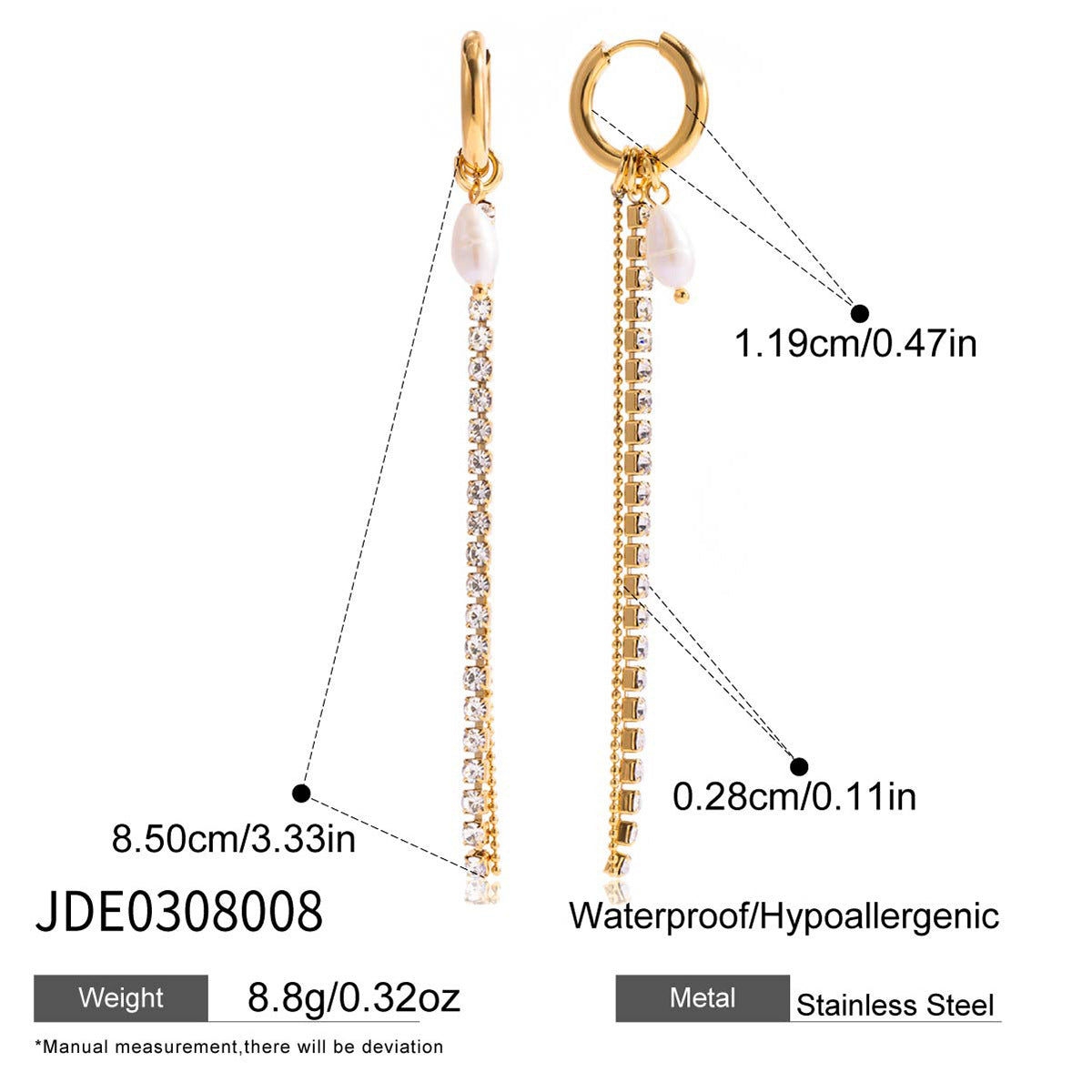 18K gold stainless steel rhinestone pearl tassel earrings size and material details