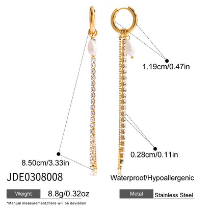 18K gold stainless steel rhinestone pearl tassel earrings size and material details