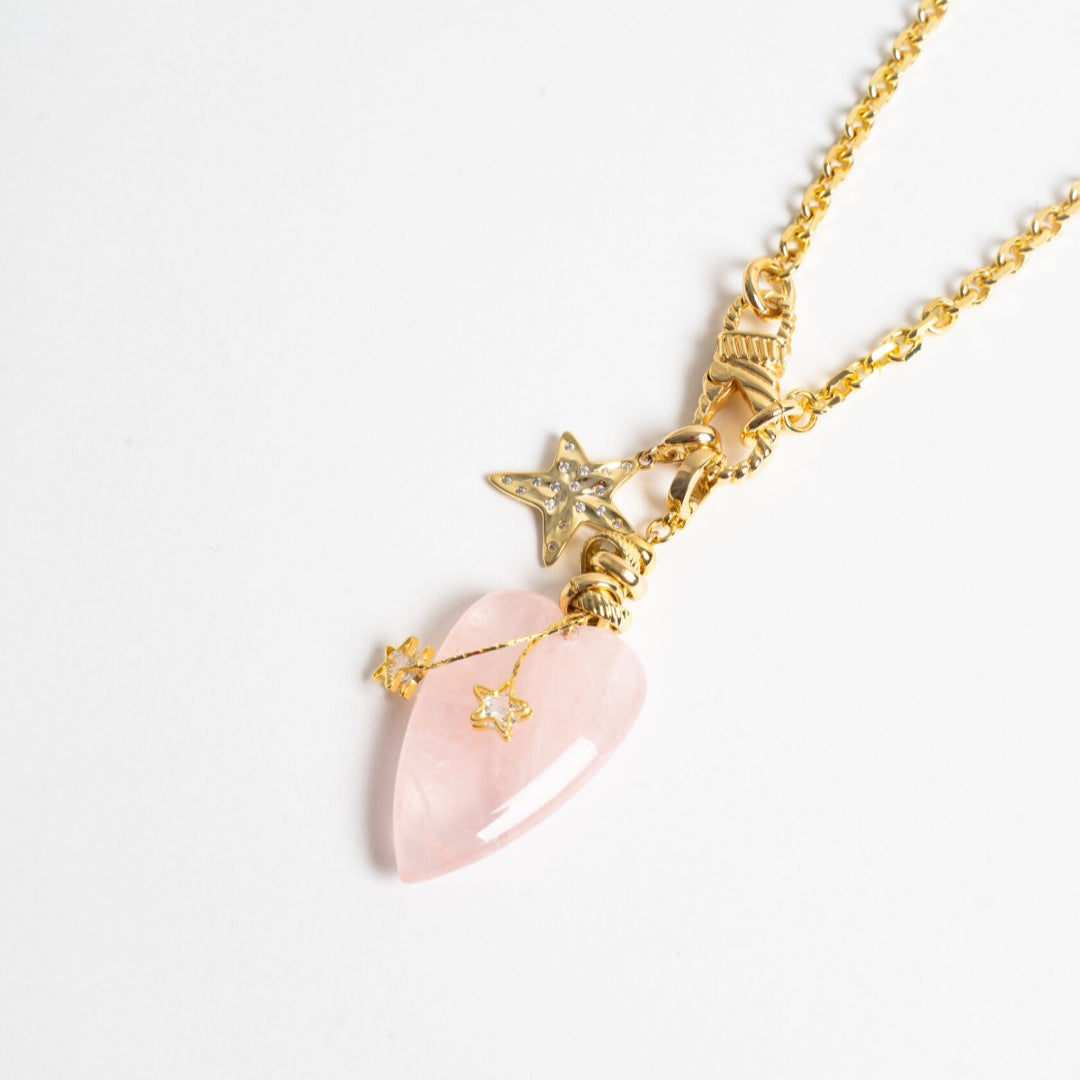 pink rose quartz heart necklace with zircon star charms on gold chain
