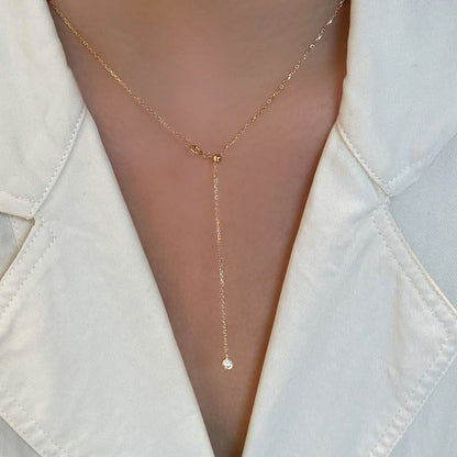 S925 18K gold plated adjustable lariat necklace worn with white collar styling