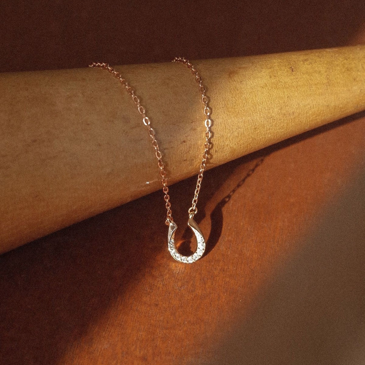 S925 gold plated U shape horseshoe zircon necklace styled on wooden background