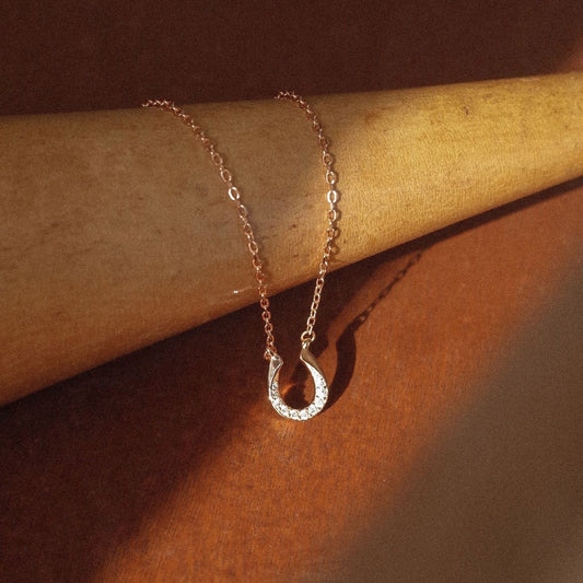 S925 gold plated U shape horseshoe zircon necklace styled on wooden background