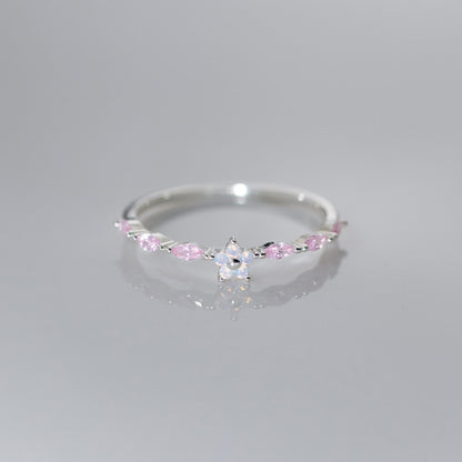 Sterling silver cherry blossom ring featuring pink marquise zircon accents and floral centerpiece