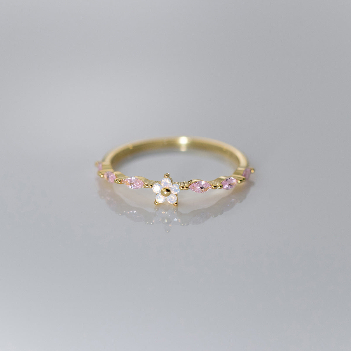 Gold plated S925 sterling silver cherry blossom ring with pink zircon stones