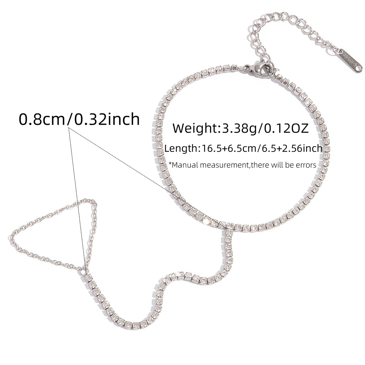 Adjustable silver hand chain bracelet with 16.5 cm length and extension chain