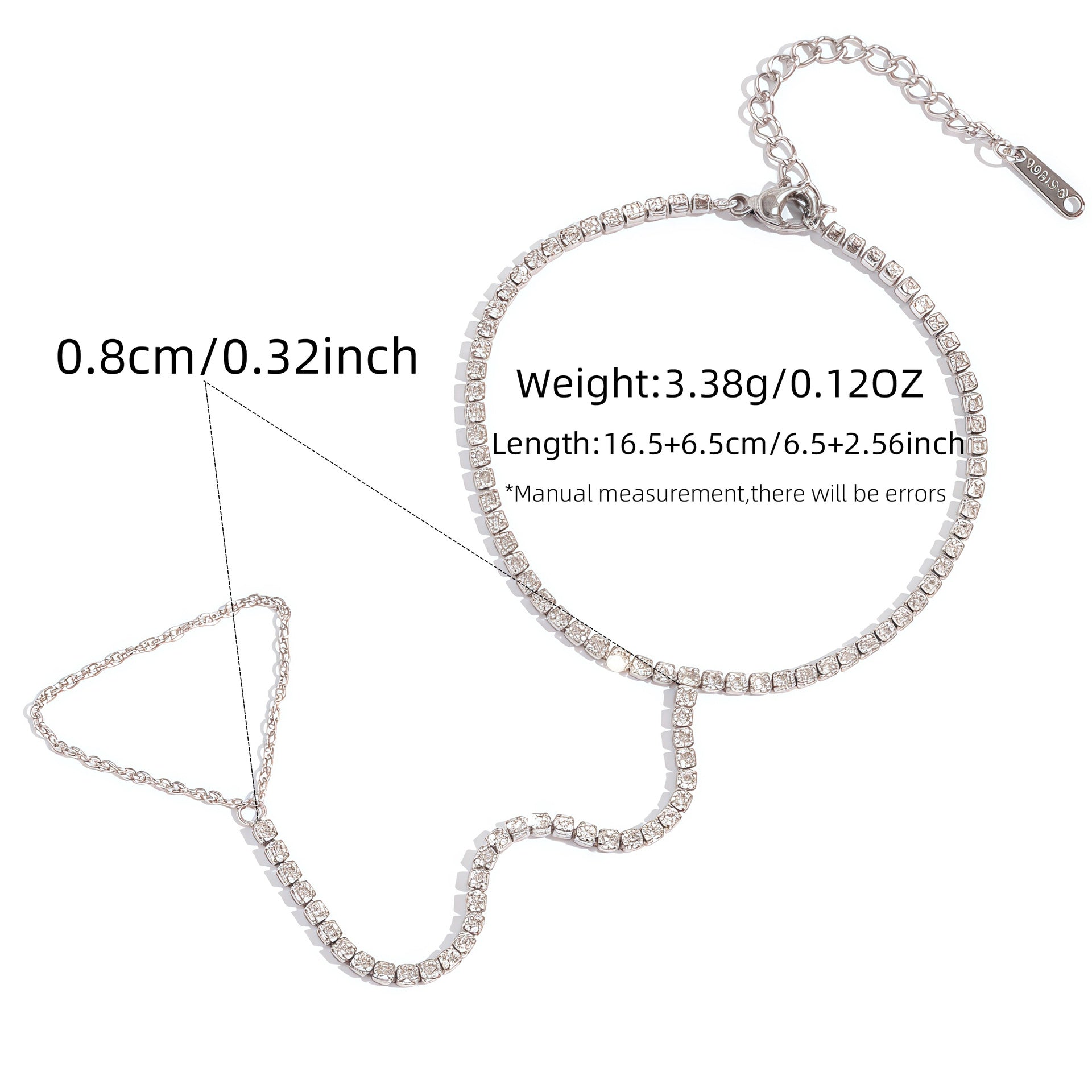 Adjustable silver hand chain bracelet with 16.5 cm length and extension chain