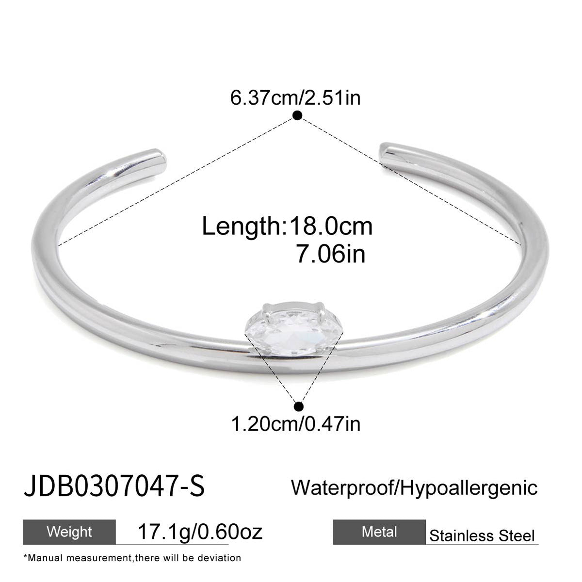 Silver stainless steel open cuff bracelet with marquise zircon size details