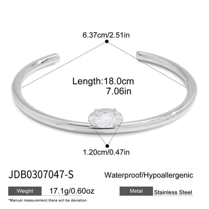 Silver stainless steel open cuff bracelet with marquise zircon size details