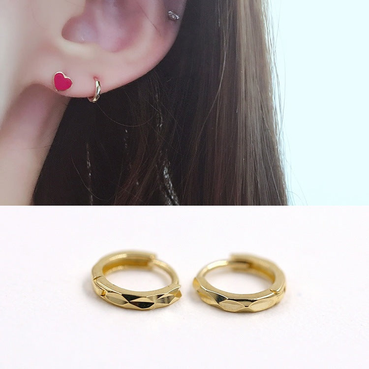 small gold huggie earrings on ear dainty minimalist hoop Black May gift for her