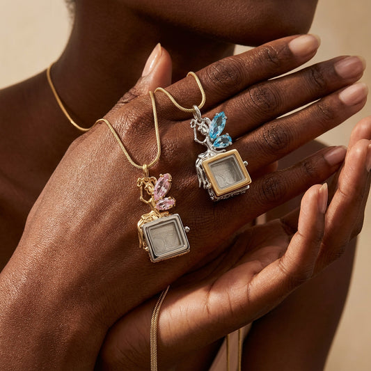 Openable square box locket pendant necklaces displayed in hands showing clear window and box shape