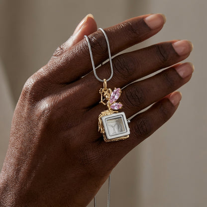 Vintage openable square box locket pendant necklace with pink